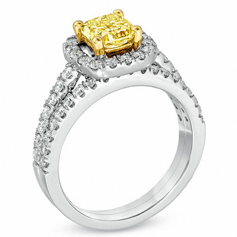 2 CT. T.W. Certified Cushion-Cut Yellow Diamond Frame Bridal Set in 18K White Gold (P/SI2)