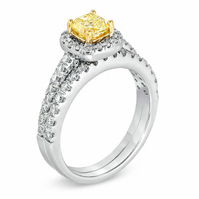 Main Image 2 of 1-1/8 CT. T.W. Certified Cushion-Cut Yellow Diamond Frame Bridal Set in 18K White Gold (P/SI2)