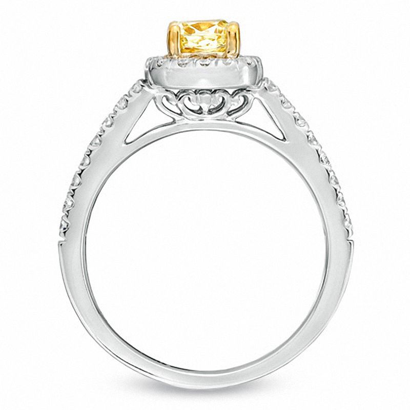 Main Image 3 of 1-1/8 CT. T.W. Certified Cushion-Cut Yellow Diamond Frame Bridal Set in 18K White Gold (P/SI2)