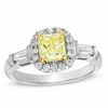 Thumbnail Image 0 of 1-1/10 CT. T.W. Certified Cushion-Cut Yellow Diamond Frame Engagement Ring in 18K White Gold (P/SI2)