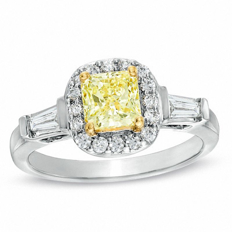 1-1/10 CT. T.W. Certified Cushion-Cut Yellow Diamond Frame Engagement Ring in 18K White Gold (P/SI2)