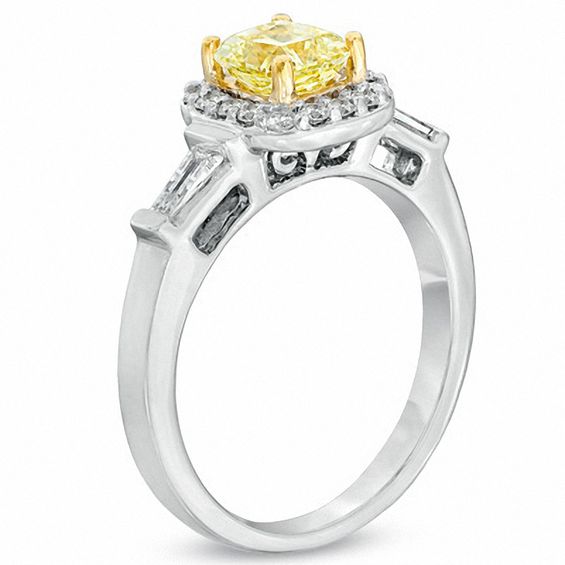 1-1/10 CT. T.w. Certified Cushion-Cut Yellow Diamond Frame Engagement Ring in 18K White Gold (P/Si2)