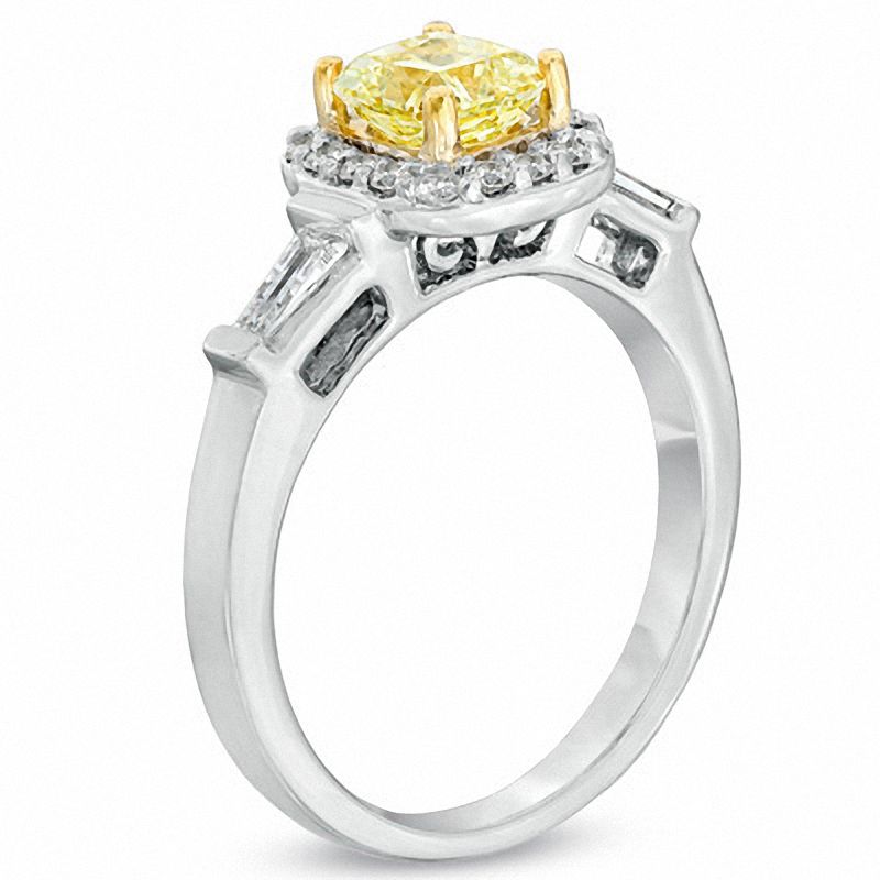 1-1/10 CT. T.W. Certified Cushion-Cut Yellow Diamond Frame Engagement Ring in 18K White Gold (P/SI2)