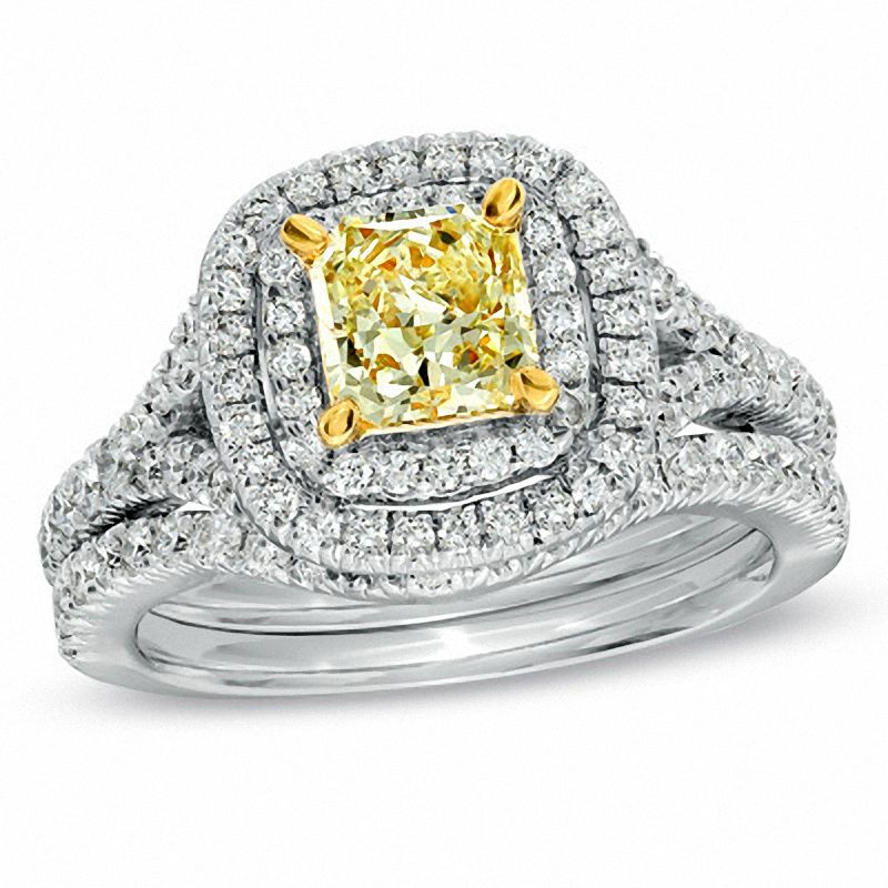 Main Image 1 of 2 CT. T.W. Certified Princess-CutYellow Diamond Bridal Set in 18K White Gold (P/SI2)