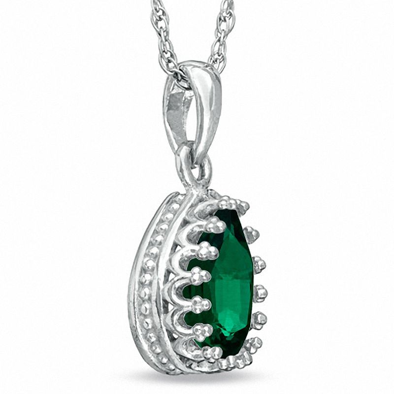 Main Image 2 of Pear-Shaped Lab-Created Emerald Crown Pendant in Sterling Silver