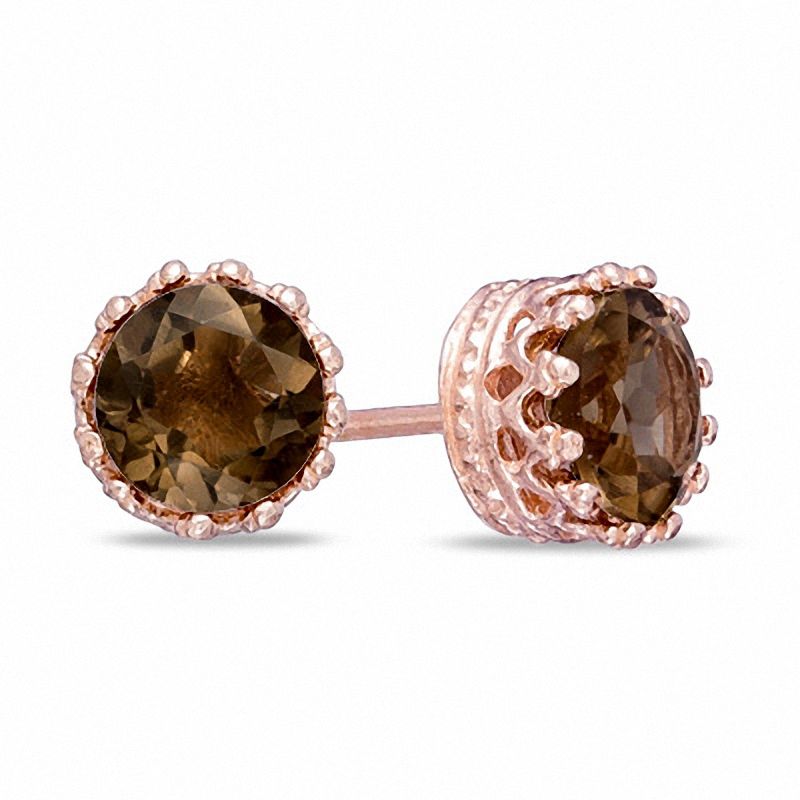 6.0mm Smoky Quartz Crown Earrings in Sterling Silver with 14K Rose Gold Plate