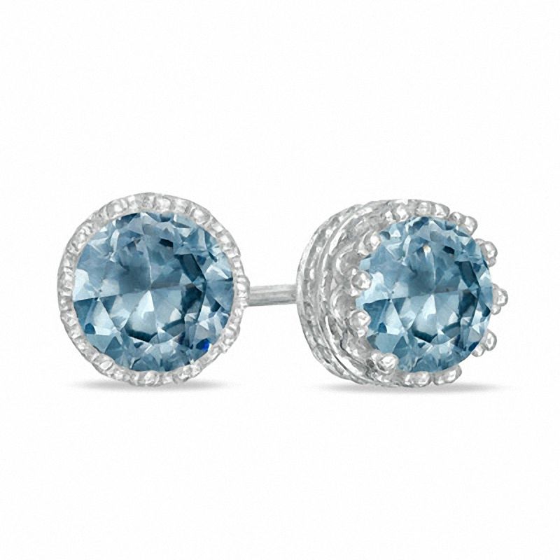 6.0mm Simulated Aquamarine Crown Earrings in Sterling Silver