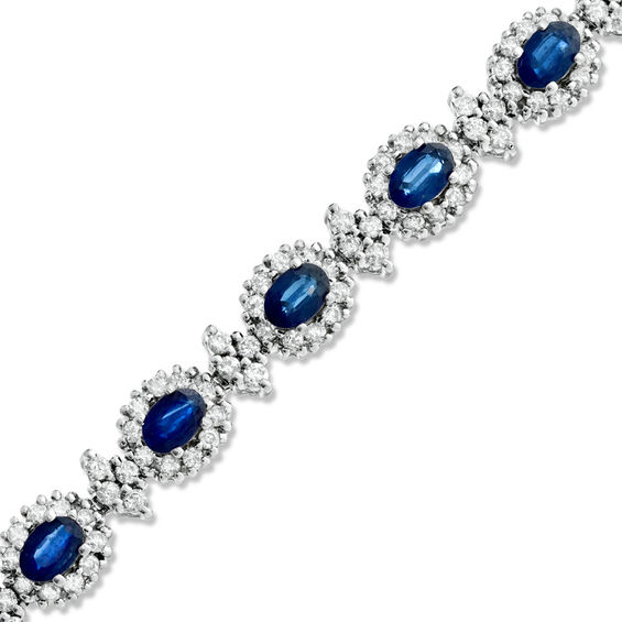 Oval Blue Sapphire and 4 CT. T.W. Diamond Bracelet in 14K White Gold