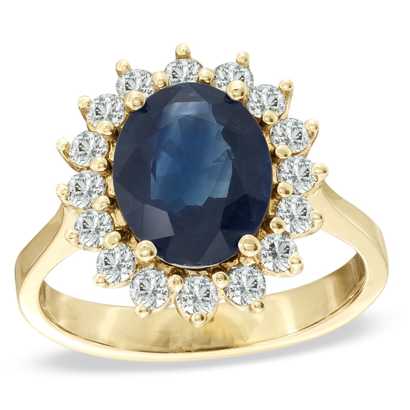 Oval Blue Sapphire and 1/2 CT. T.W. Diamond Frame Engagement Ring in 14K Gold