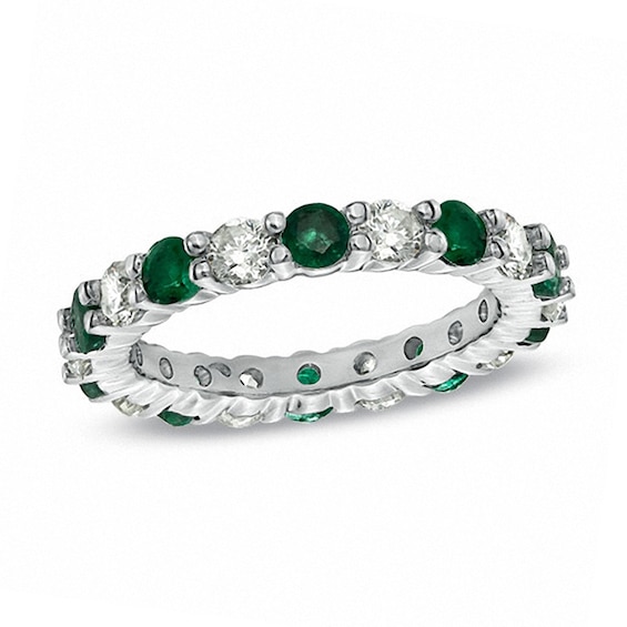 Emerald and 1 CT. T.w. Diamond Eternity Band in 14K White Gold