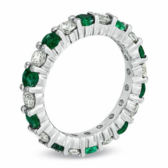 Emerald and 1 CT. T.w. Diamond Eternity Band in 14K White Gold