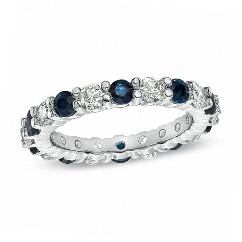 Blue Sapphire and 1 CT. T.W. Diamond Eternity Band in 14K White Gold