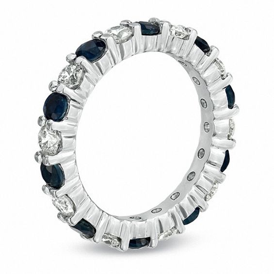 Blue Sapphire and 1 CT. T.w. Diamond Eternity Band in 14K White Gold
