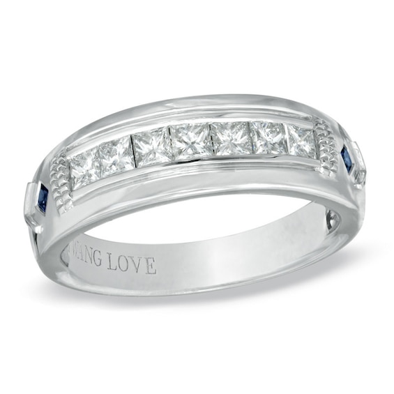 Vera Wang Men's 3/4 CT. T.w. Square-Cut Diamond and Blue Sapphire Wedding Band in 14K White Gold