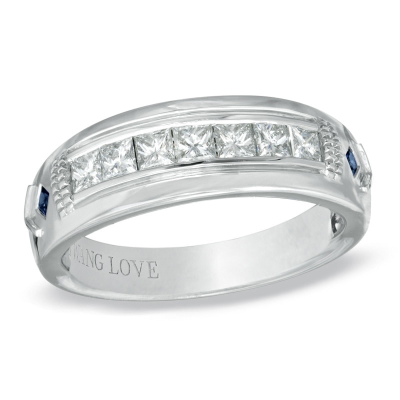 Main Image 1 of Vera Wang Men's 3/4 CT. T.W. Square-Cut Diamond and Blue Sapphire Wedding Band in 14K White Gold