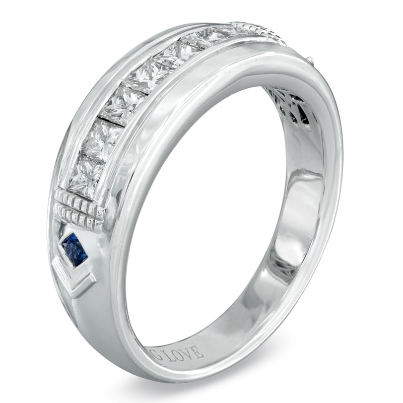 Main Image 2 of Vera Wang Men's 3/4 CT. T.W. Square-Cut Diamond and Blue Sapphire Wedding Band in 14K White Gold