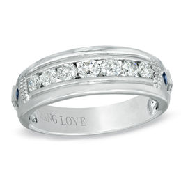 Vera Wang Men's 3/4 CT. T.W. Diamond and Blue Sapphire Wedding Band in 14K White Gold