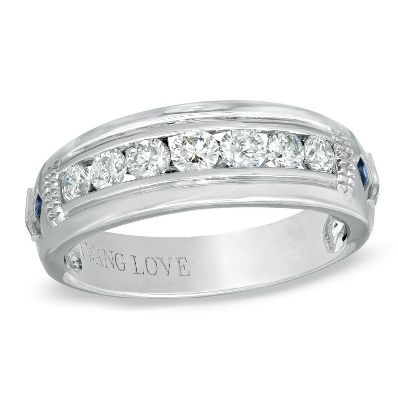 Vera Wang Love Collection Men's 3/4 CT. T.W. Diamond and Blue Sapphire Wedding Band in 14K White Gold