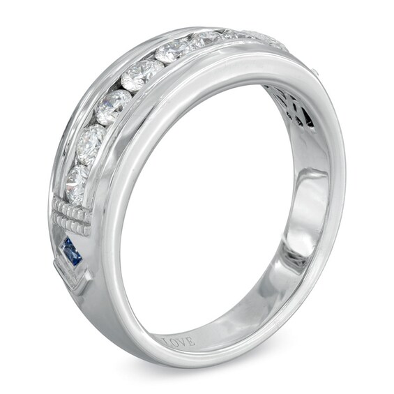 Vera Wang Men's 3/4 CT. T.w. Diamond and Blue Sapphire Wedding Band in 14K White Gold
