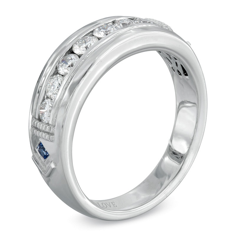 Main Image 2 of Vera Wang Men's 3/4 CT. T.W. Diamond and Blue Sapphire Wedding Band in 14K White Gold