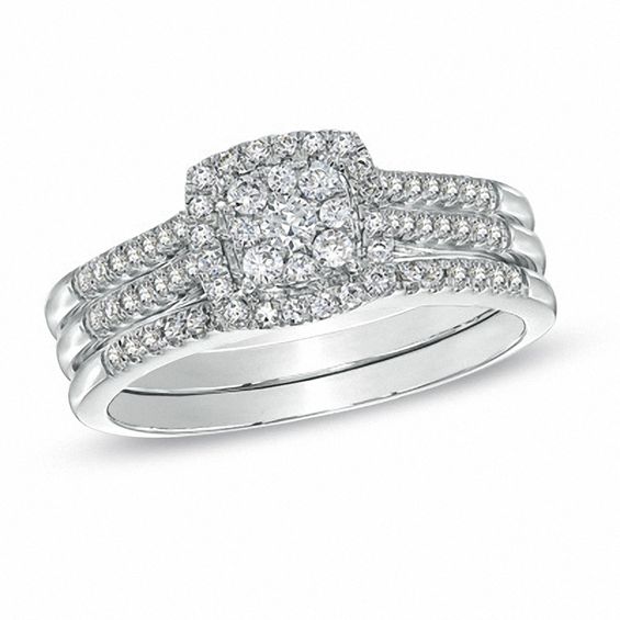 1/2 CT. T.w. Diamond Cluster Square Frame Three-Piece Bridal Set in 10K White Gold