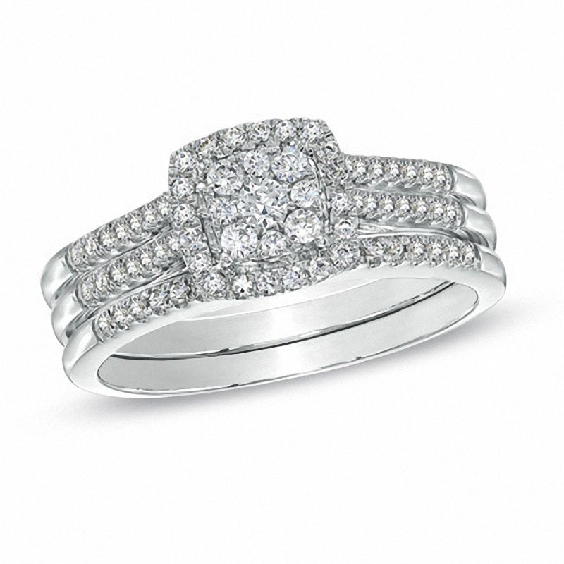 Main Image 1 of 1/2 CT. T.W. Diamond Cluster Square Frame Three-Piece Bridal Set in 10K White Gold