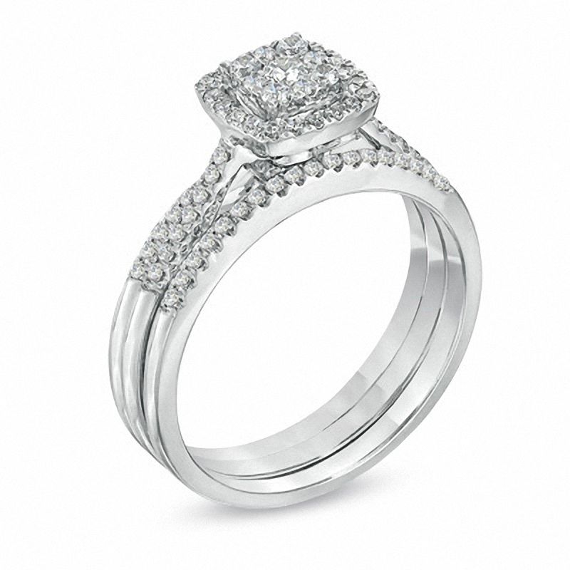 Main Image 2 of 1/2 CT. T.W. Diamond Cluster Square Frame Three-Piece Bridal Set in 10K White Gold