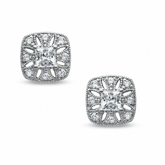3/4 CT. T.w. Princess-Cut Diamond Vintage-Style Square Stud Earrings in 10K White Gold