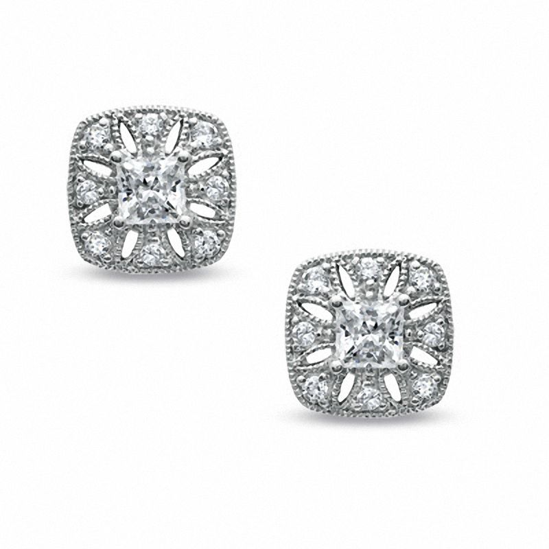 Main Image 1 of 3/4 CT. T.W. Princess-Cut Diamond Vintage-Style Square Stud Earrings in 10K White Gold