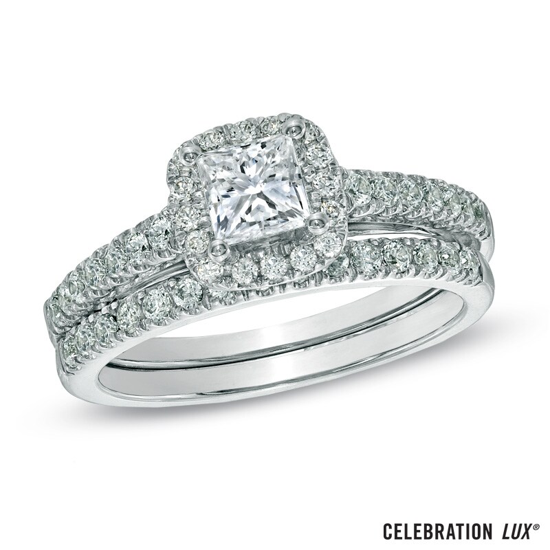 Main Image 1 of Celebration Lux® 1-1/5 CT. T.W. Princess-Cut Certified Diamond Bridal Set in 14K White Gold (I/SI2)