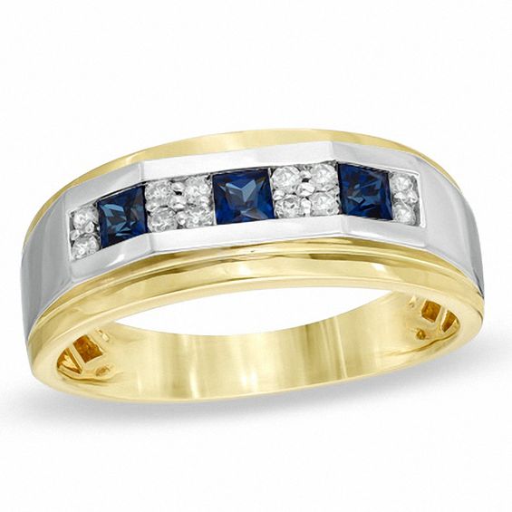 Men's Square-Cut Lab-Created Blue Sapphire and 1/5 CT. T.W. Diamond ...