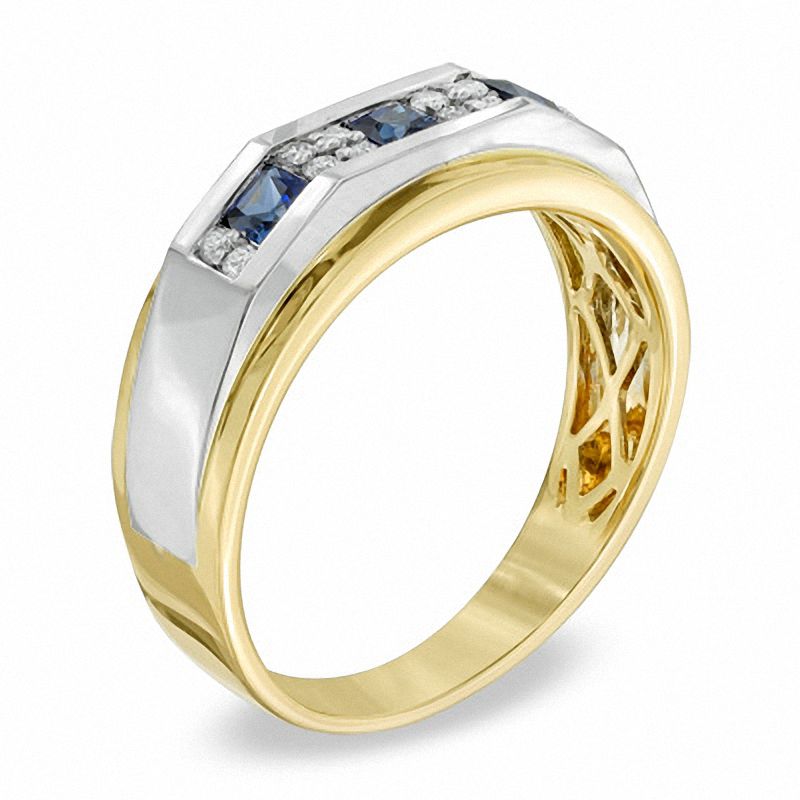 Men's Square-Cut Lab-Created Blue Sapphire and 1/5 CT. T.W. Diamond Ring in 10K Two-Tone Gold