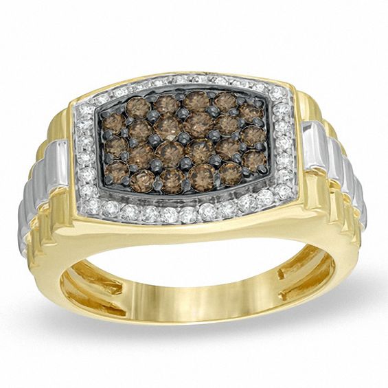 Men's 1 CT. T.w. Cushion-Shaped Champagne and White Multi-Diamond Frame Ring in 10K Two-Tone Gold