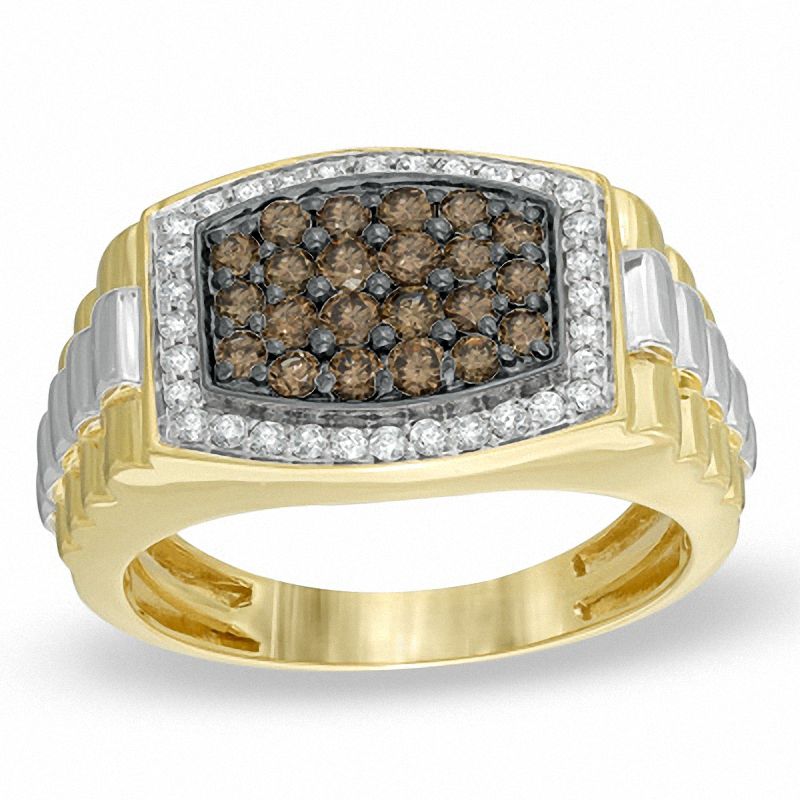 Men's 1 CT. T.W. Cushion-Shaped Champagne and White Multi-Diamond Frame Ring in 10K Two-Tone Gold