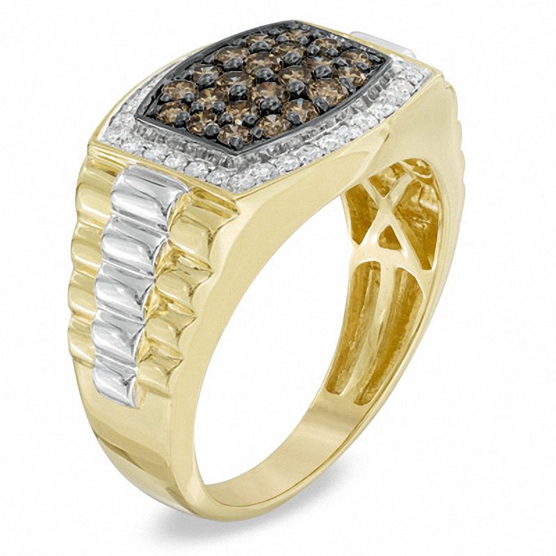 Men's 1 CT. T.W. Cushion-Shaped Champagne and White Multi-Diamond Frame Ring in 10K Two-Tone Gold