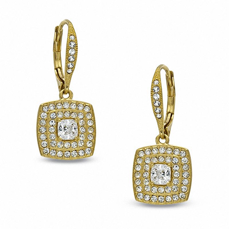AVA Nadri Cubic Zirconia and Crystal Square Drop Earrings in Brass with 18K Gold Plate