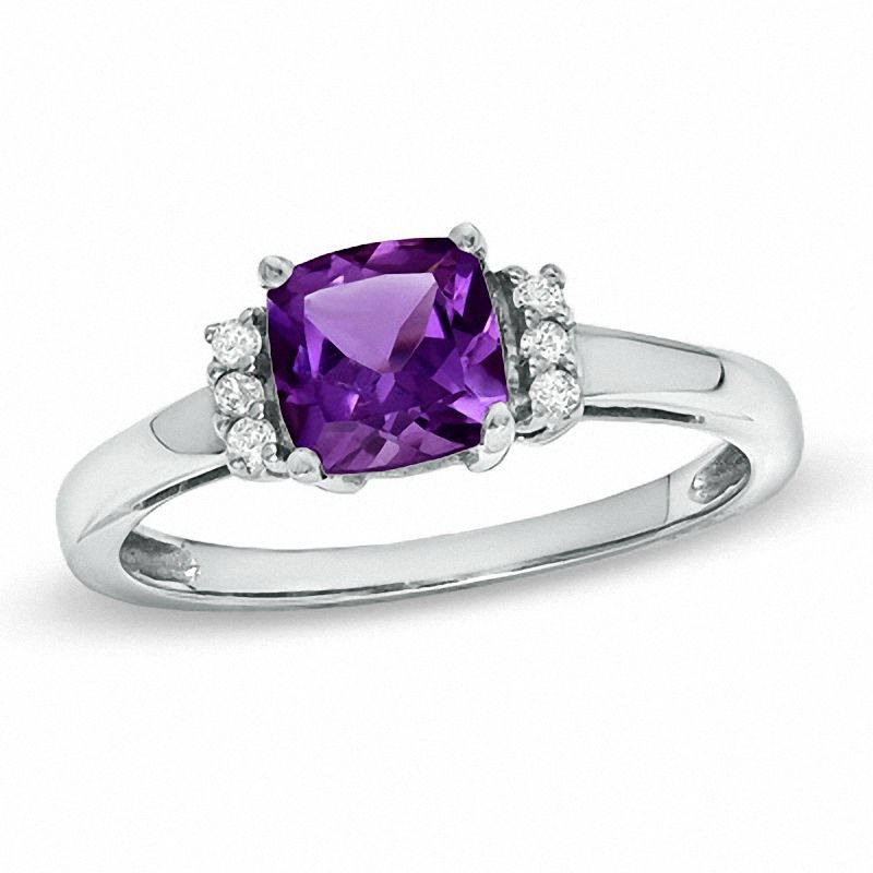 Main Image 1 of 6.0mm Cushion-Cut Amethyst and Lab-Created White Sapphire Ring in 10K White Gold