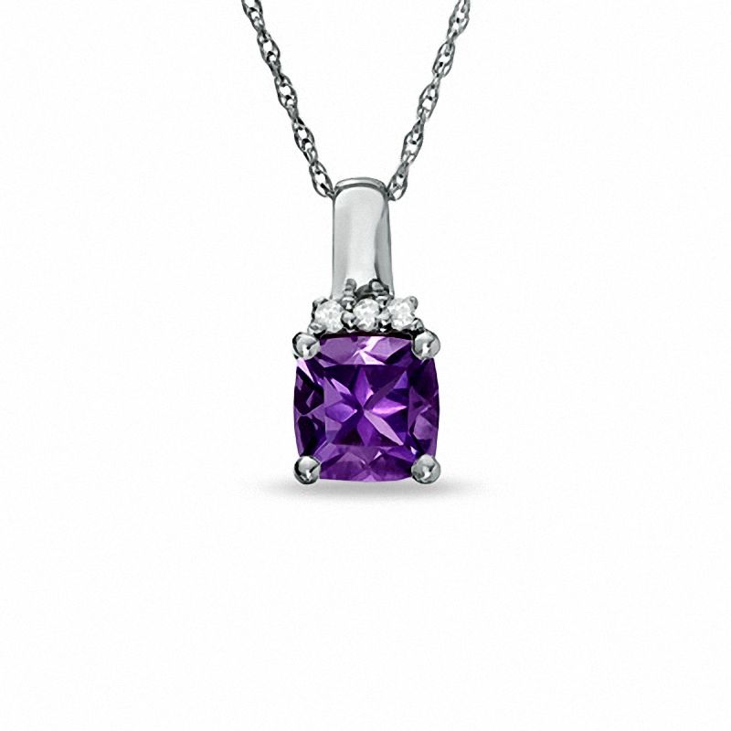Main Image 1 of 6.0mm Cushion-Cut Amethyst and Lab-Created White Sapphire Pendant in 10K White Gold
