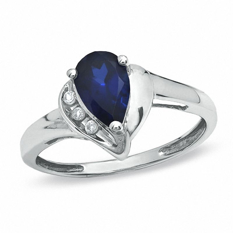 Main Image 1 of Pear-Shaped Lab-Created Blue and White Sapphire Ring in 10K White Gold