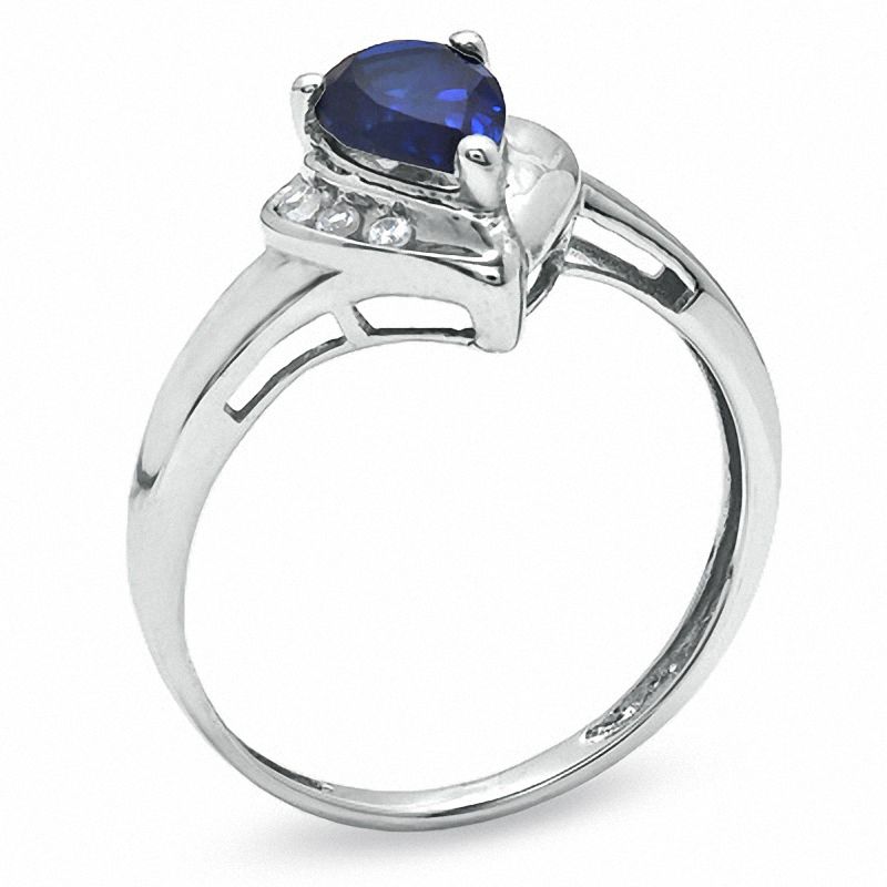 Main Image 2 of Pear-Shaped Lab-Created Blue and White Sapphire Ring in 10K White Gold