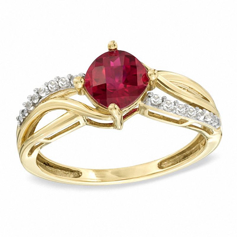 Main Image 1 of 6.0mm Cushion-Cut Lab-Created Ruby and White Sapphire Ring in 10K Gold