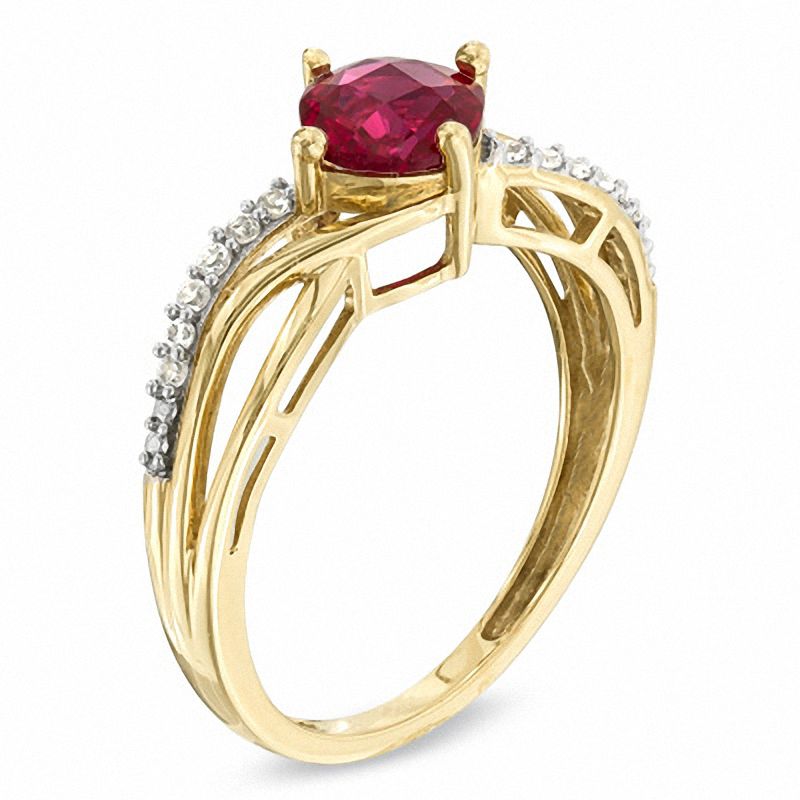 Main Image 2 of 6.0mm Cushion-Cut Lab-Created Ruby and White Sapphire Ring in 10K Gold