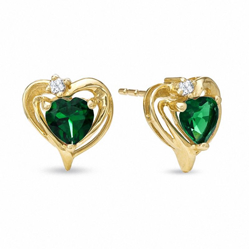 Main Image 1 of 5.0mm Heart-Shaped Lab-Created Emerald and White Sapphire Heart Stud Earrings in 10K Gold