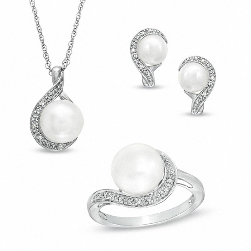Main Image 1 of 7.0-9.0mm Freshwater Cultured Pearl and Diamond Accent Pendant, Ring and Earrings Set in Sterling Silver