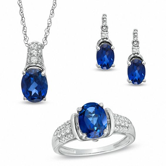 Lab-Created Ceylon and White Sapphire Pendant, Ring and Earrings Set in Sterling Silver - Size 7 Lab-Created Ceylon and White Sapphire Pendant, Ring and Earrings Set in Sterling Silver - Size 7