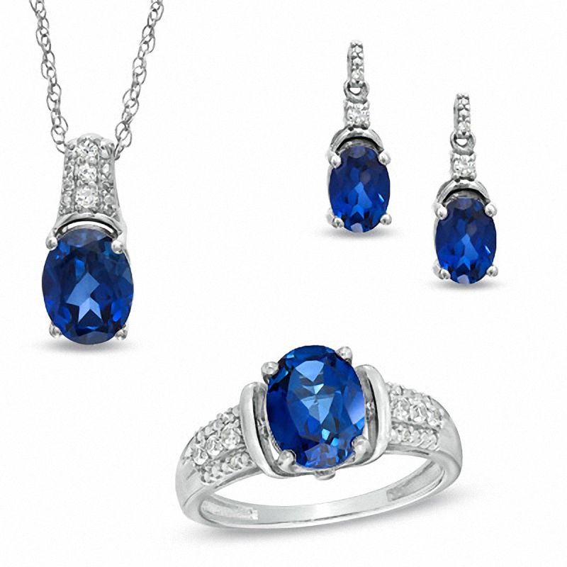 Main Image 1 of Lab-Created Ceylon and White Sapphire Pendant, Ring and Earrings Set in Sterling Silver - Size 7