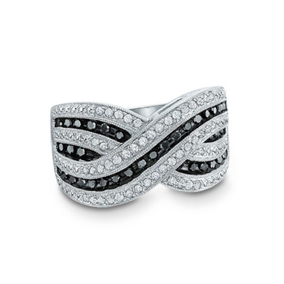 1/2 CT. T.w. Enhanced Black and White Diamond Criss-Cross Ring in Sterling Silver