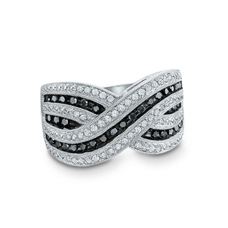 Main Image 1 of 1/2 CT. T.W. Enhanced Black and White Diamond Criss-Cross Ring in Sterling Silver