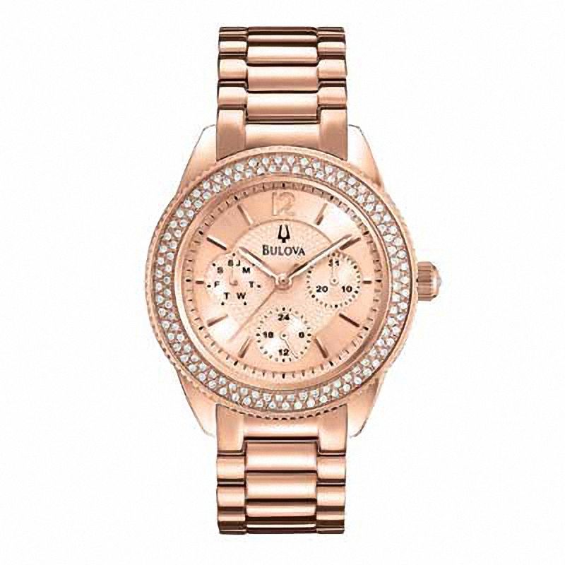 Ladies' Bulova Crystal Accent Chronograph Rose-Tone Watch (Model: 97N100)
