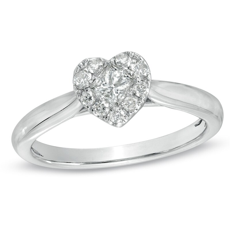 Main Image 1 of 3/8 CT. T.W. Princess-Cut and Round Diamond Heart-Shaped Engagement Ring in 14K White Gold